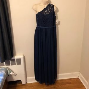Long Blue One Shoulder Lace & Mesh Dress